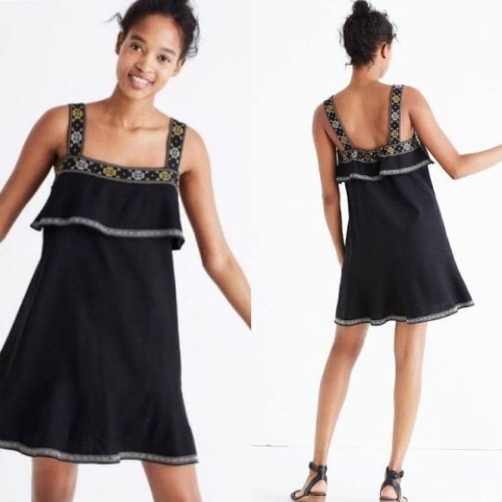 Madewell Embroidered Tiered Popover Linen Dress